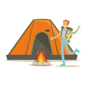 Smiling man with backpack standing near tourist tent and taking selfie photo on Ilustração Stock