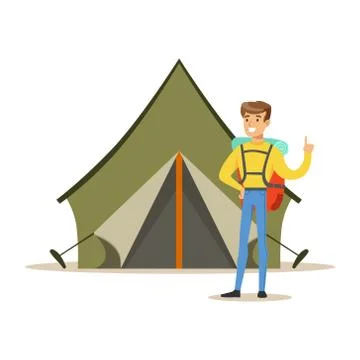 Smiling man with a backpack standing near a tourist tent. Summer camping Ilustração Stock