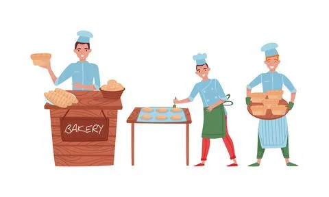 Smiling Man Baking Bread and Making Confections Vector Illustration Set Stock Illustration
