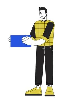 Smiling man with blue block linear flat color vector character Stock Illustration