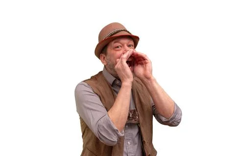 Smiling man in brown hat shouting loudly isolated on white background 写真素材