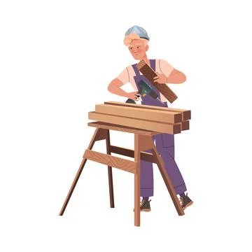 Smiling Man Builder Character with Drill and Wood Material Building House Vector Ilustración de archivo
