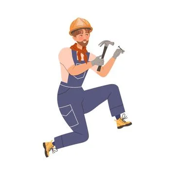 Smiling Man Builder Character with Hammer and Nail Building House Vector Ilustración de archivo