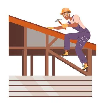 Smiling Man Builder Character with Hammer Sitting on Roof Top Building House Ilustración de archivo
