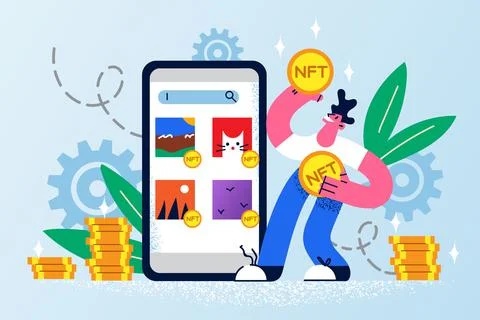 Smiling man buy on cellphone using nft Stock Illustration