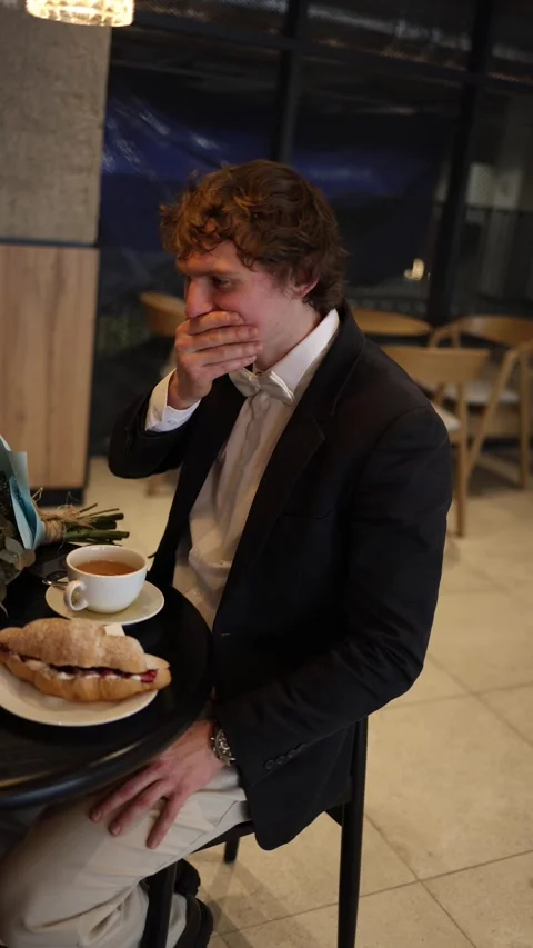 Smiling man at cafe date Stock Footage 328301269