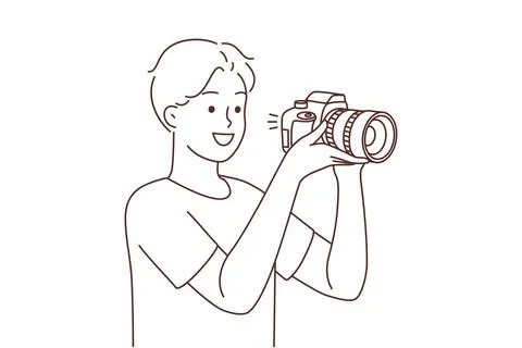 Smiling man with camera taking pictures Stock Illustration