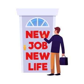 Smiling man with case knocking on door flat style, vector illustration Stock Illustration