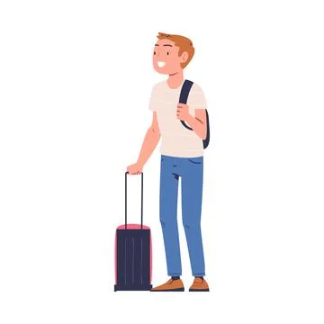 Smiling Man Character with Backpack and Suitcase at the Airport Boarding Plane 스톡 일러스트