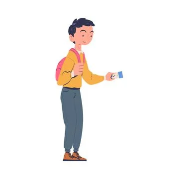 Smiling Man Character with Backpack and Ticket at the Airport Boarding Plane 스톡 일러스트