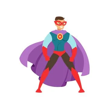Smiling man character dressed as a super hero standing in the traditional heroic Stock Illustration