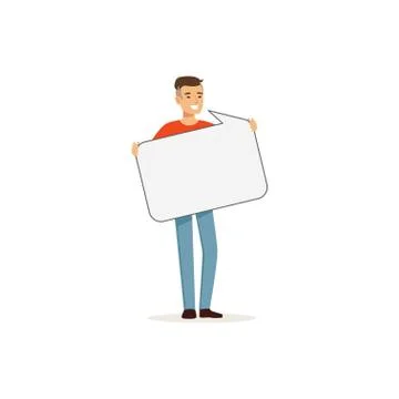 Smiling man character with empty message board, speech bubble vector 스톡 일러스트