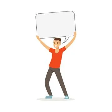 Smiling man character holding empty message board over his head, speech bubble 스톡 일러스트