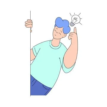 Smiling Man Character Looking Out of Corner with Lightbulb Vector Illustration Stock Illustration