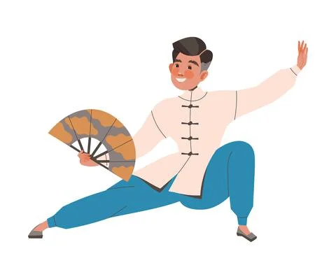 Smiling Man Character Practicing Tai Chi and Qigong Exercise in Kimono with Fan 스톡 일러스트