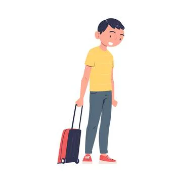Smiling Man Character Standing with Suitcase at the Airport Boarding Plane 스톡 일러스트
