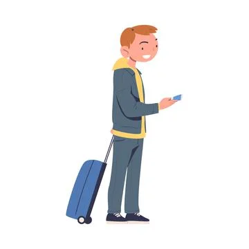 Smiling Man Character Standing with Suitcase and Ticket at the Airport Boarding 스톡 일러스트