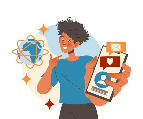 Smiling Man Character Working with Information with Smartphone Analyzing and Illustrazione stock
