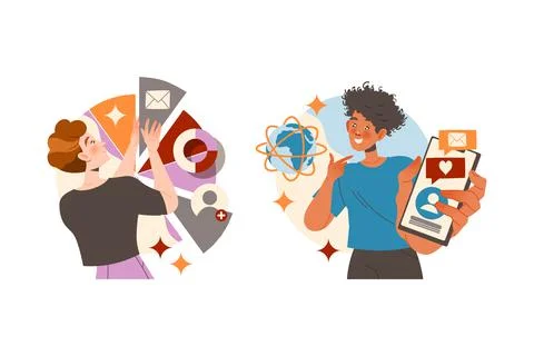 Smiling Man Character Working with Information with Chart and Smartphone Illustrazione stock