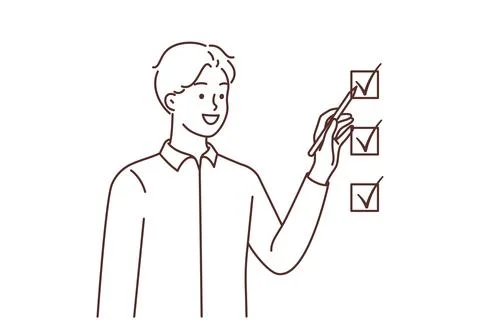 Smiling man check boxes accomplish tasks Stock Illustration