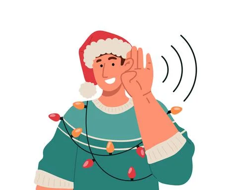 Smiling man in christmas sweater put his hand to his ear and listen carefully Stock Illustration