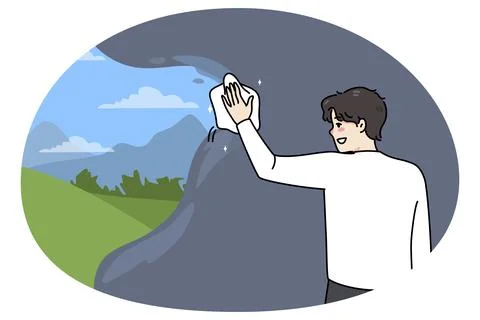Smiling man clearing view with rag. Person overcome depression and mental Stock Illustration