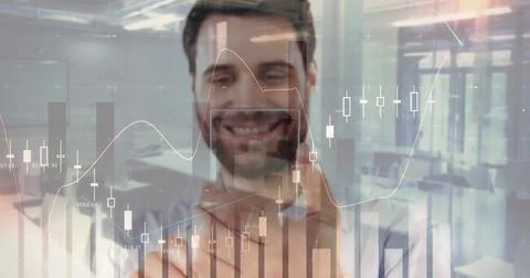 Smiling man in collared shirt touching glass partition in modern office, drawing Stock Photos