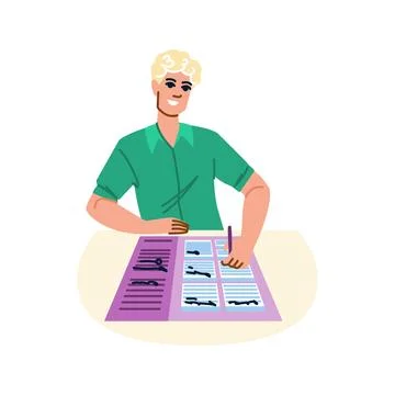 Smiling man completing survey form or exam paper Stock Illustration