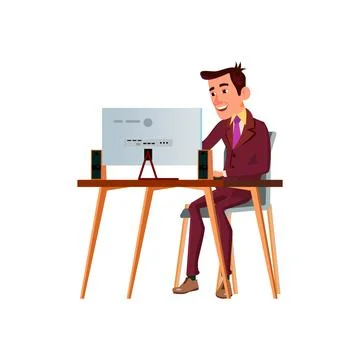 Smiling man computer using and talking with customer through video call carto Stock Illustration