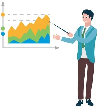 Smiling man is confident representing project. Cartoon businessman explains Stock Illustration