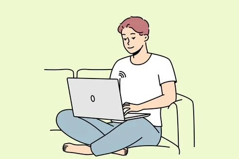 Smiling man on couch using laptop Illustrazione stock