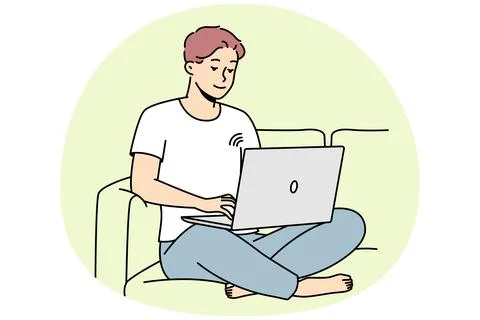 Smiling man on couch using laptop Stock Illustration