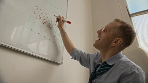 Smiling Man Crossing Out Days on Calendar while Sitting in Office Stock Footage 335461665