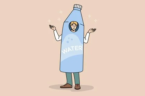 Smiling man dressed in water bottle advertise product Stock Illustration