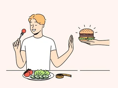 Smiling man eat salad refuse from burger Stock Illustration