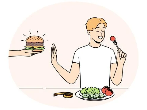 Smiling man eat salad refuse from burger Stock Illustration