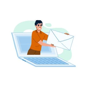 Smiling man emerging from laptop screen delivering email message Stock Illustration