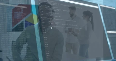 Smiling man facing camera with team chatting camera panning starting tech code Stock Footage 330959603