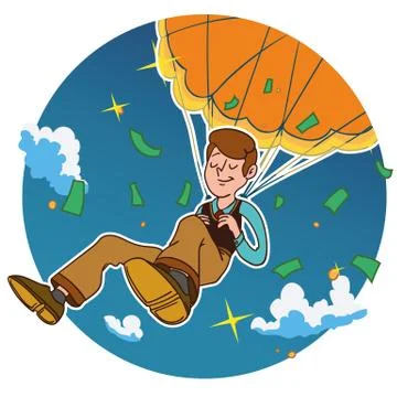 Smiling man fall in circle on a golden parachute Illustrazione stock