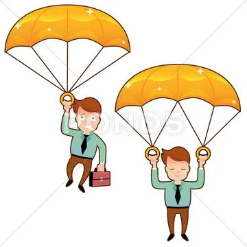 Smiling man fall on a golden parachute with briefcase Stock Illustration