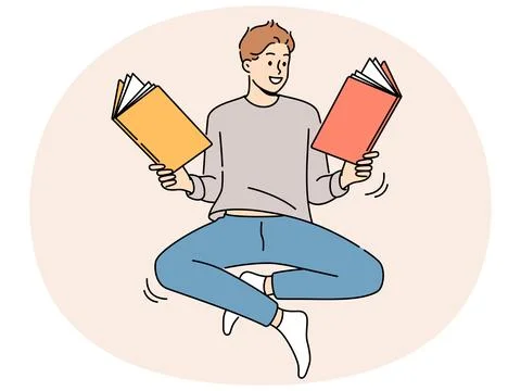Smiling man floating in air reading books Stock Illustration
