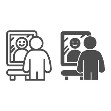 Smiling man in front of mirror line and solid icon, self confidence concept Illustrazione stock