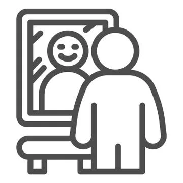 Smiling man in front of mirror line icon, self confidence concept, happy man Illustrazione stock