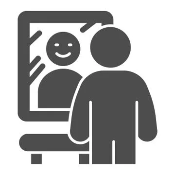 Smiling man in front of mirror solid icon, self confidence concept, happy man Illustrazione stock