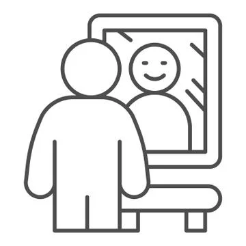 Smiling man in front of mirror thin line icon, self confidence concept, happy Stock Illustration