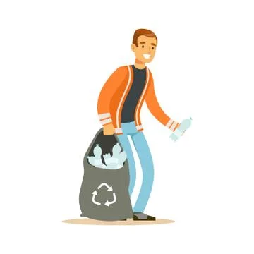 Smiling man gathering garbage and plastic bottles, waste recycling and Stock Illustration