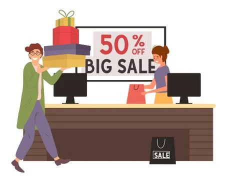 Smiling man with gift boxes in his hands. Young shopper guy goes to the checkout Stock Illustration