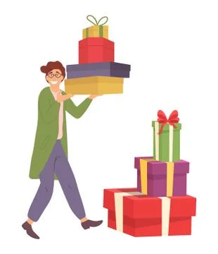 Smiling man with gift boxes in his hands. Young shopper guy is carrying presents Stock Illustration
