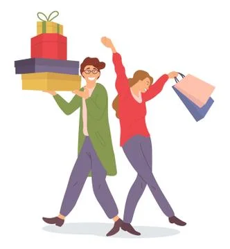 Smiling man with gift boxes in his hands. Young fashion girl picks up packages Stock Illustration