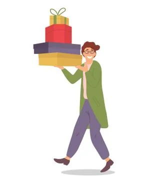 Smiling man with gift boxes in his hands. Young shopper guy isolated on the Stock Illustration
